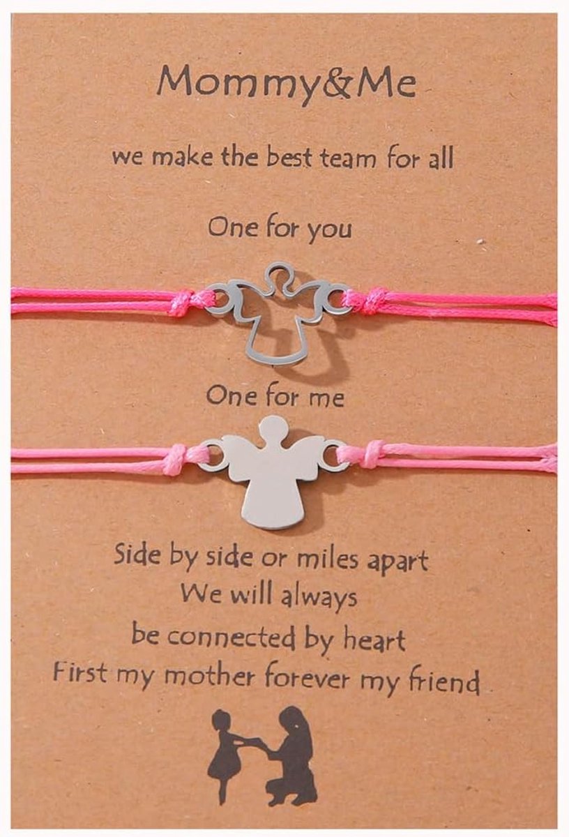 Moeder dochter armband set - engel geluksbrenger - met wenskaart - perfect voor Moederdag - ShopVlot