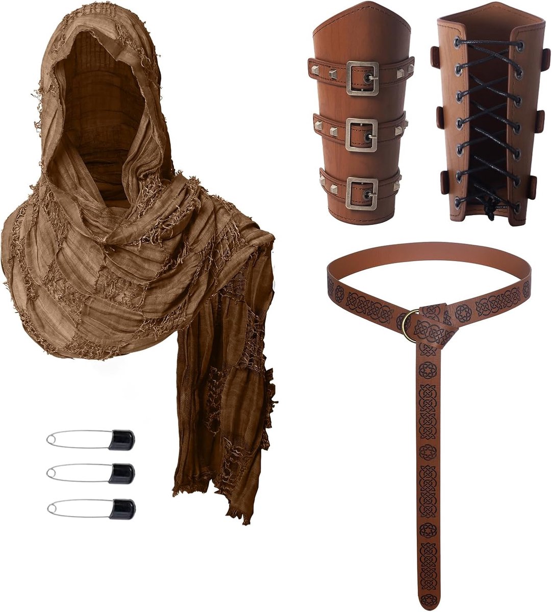 3 Pieces Medieval Knight Accessories Set - Renaissance Viking Style Cloak Scarf, Leather Belt, Buckle Belts - ShopVlot