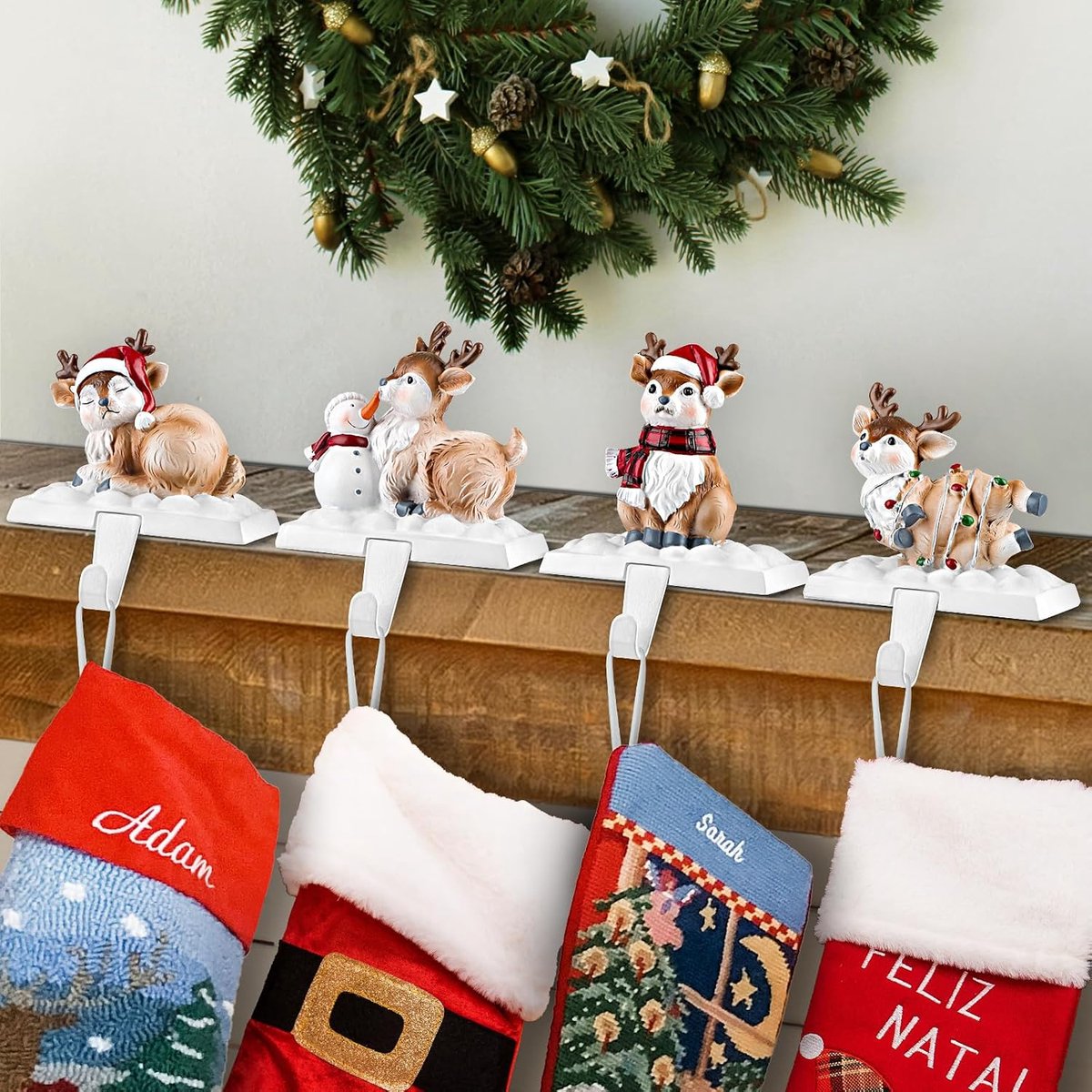 Kalolary Christmas Stocking Holders for Fireplace, 4 Styles Christmas Elk Stocking Hanger for Fireplace Hand Painted - ShopVlot