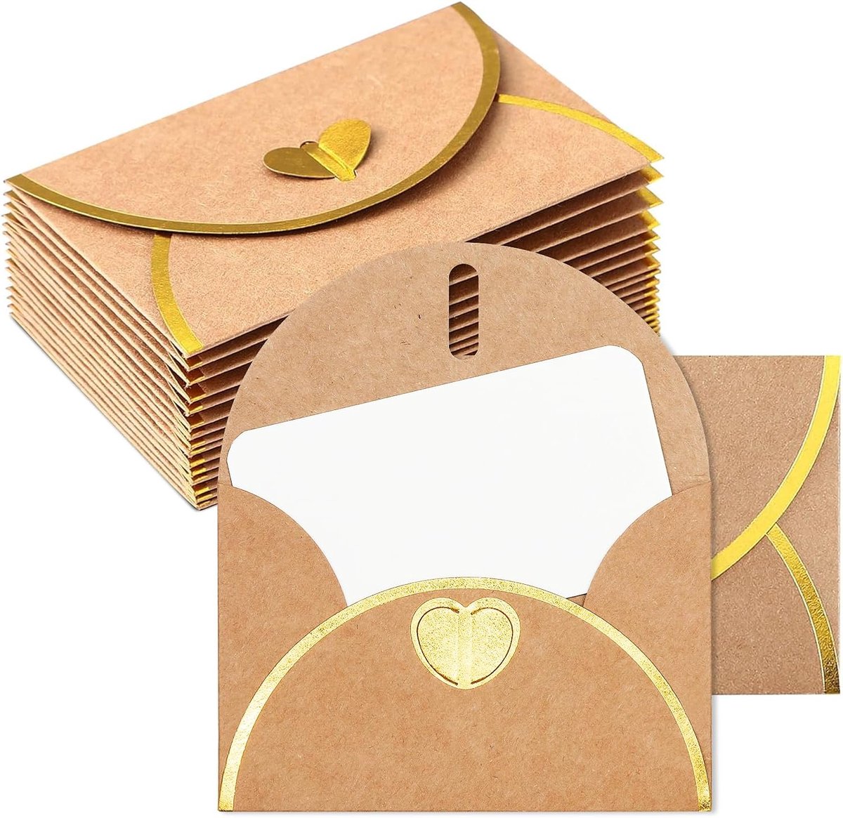 SnelShoppen - Mini Envelopes Set 15 Stuks - Vintage Kraft Papieren Enveloppen met Gouden Gegraveerde Rand en Hart Sluiting - Perfect voor Cadeaubonnen