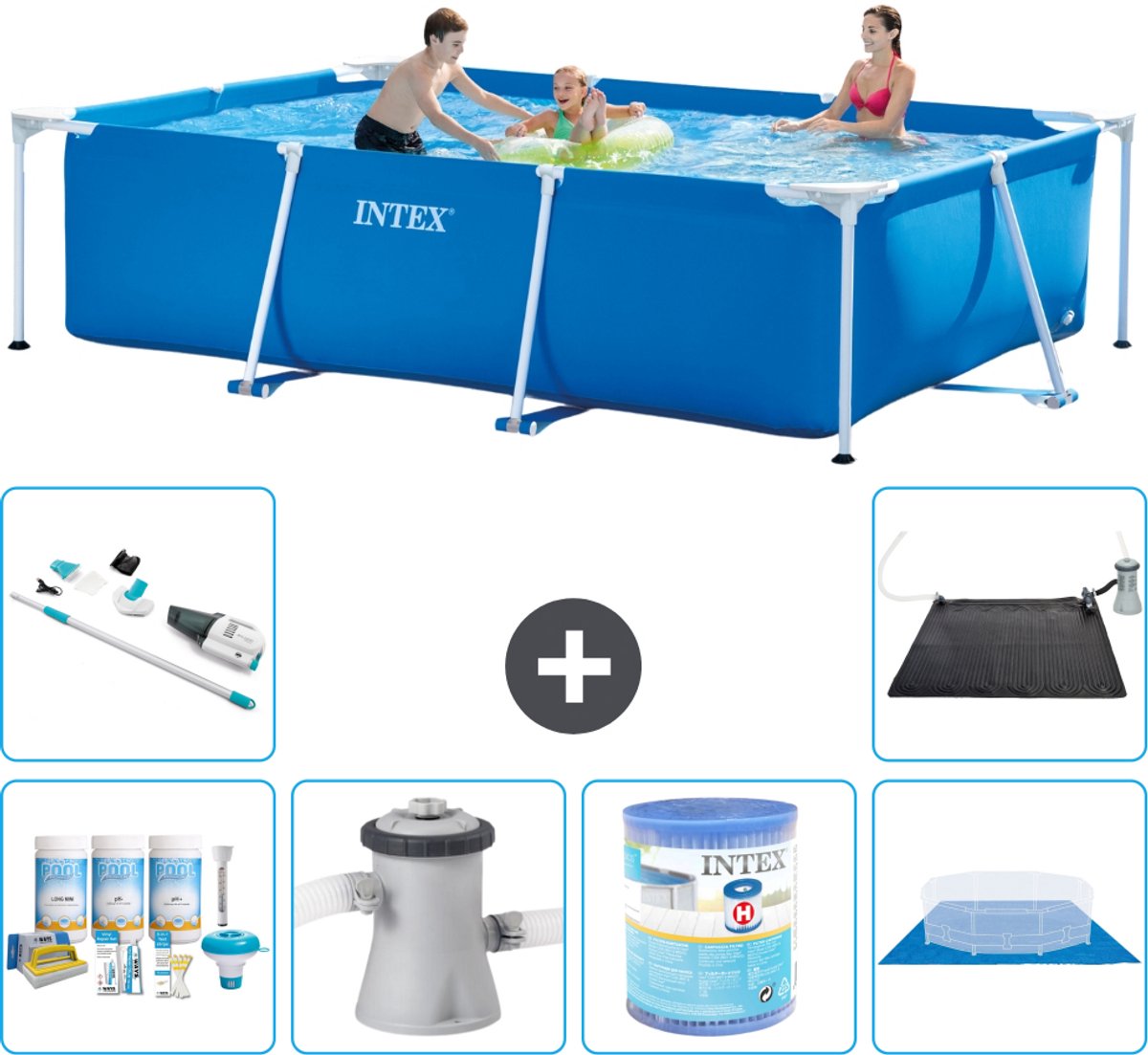 Intex Rechthoekig Frame Zwembad - 300 x 200 x 75 cm - Blauw - Inclusief Onderhoudspakket - Zwembadfilterpomp - Filter - Grondzeil - Stofzuiger - Solar Mat - 7-delig