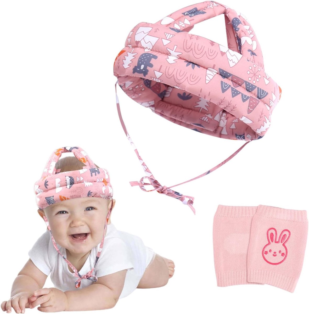 SnelShoppen - Baby Hoofdbescherming - Kinderen Helm - Huidvriendelijk Katoen - Ademend en Verstelbaar - Voor Kinderen van 6 Maanden tot 5 Jaar - Roze
