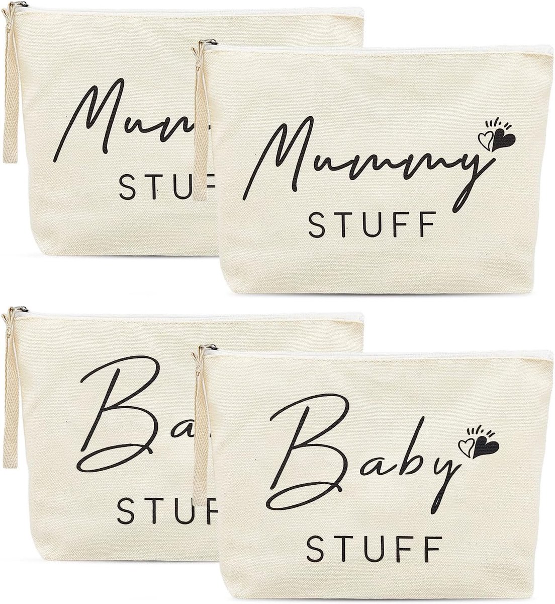 SnelShoppen - 4 Stuks Cadeaus voor Mama - Nieuwe Mama Make-up Tas - Voordelige Baby Shower Cadeau - Duurzame Canvas Tas met Rits - Grijs en Wit