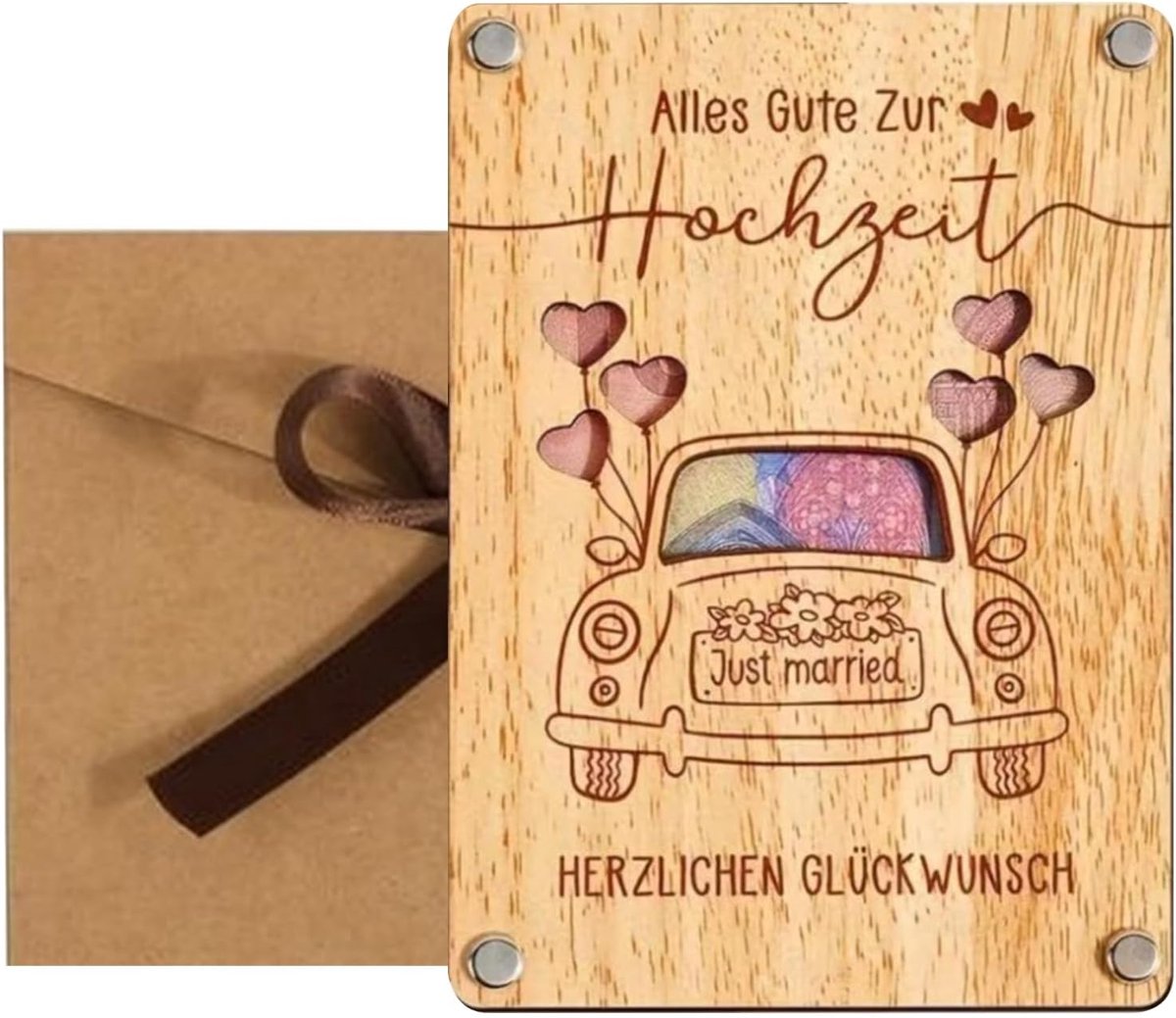 SnelShoppen - Houten Bruiloftskaart voor Geldcadeau, Luxe Huwelijksgeschenk voor Bruidspaar, Persoonlijke Liefdesbrief met Envelop, Creatief en Elegan