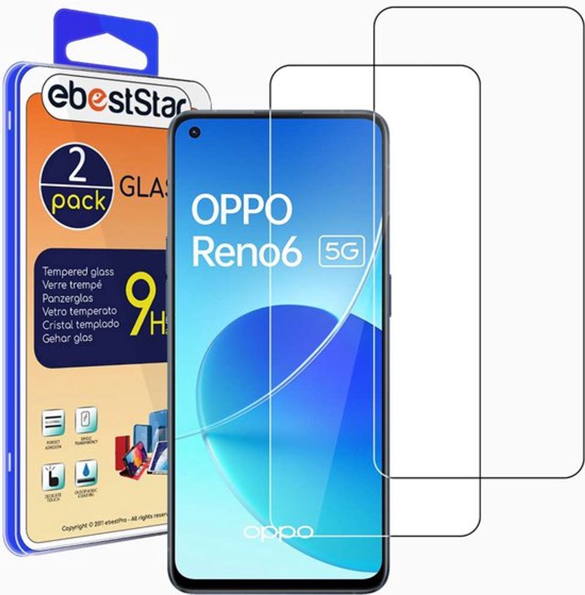 ebestStar - {2 Stuks} Gehard glas geschikt voor Oppo Reno6 5G, Screen Protector Cover, Schermbeschermer Tempered Glass
