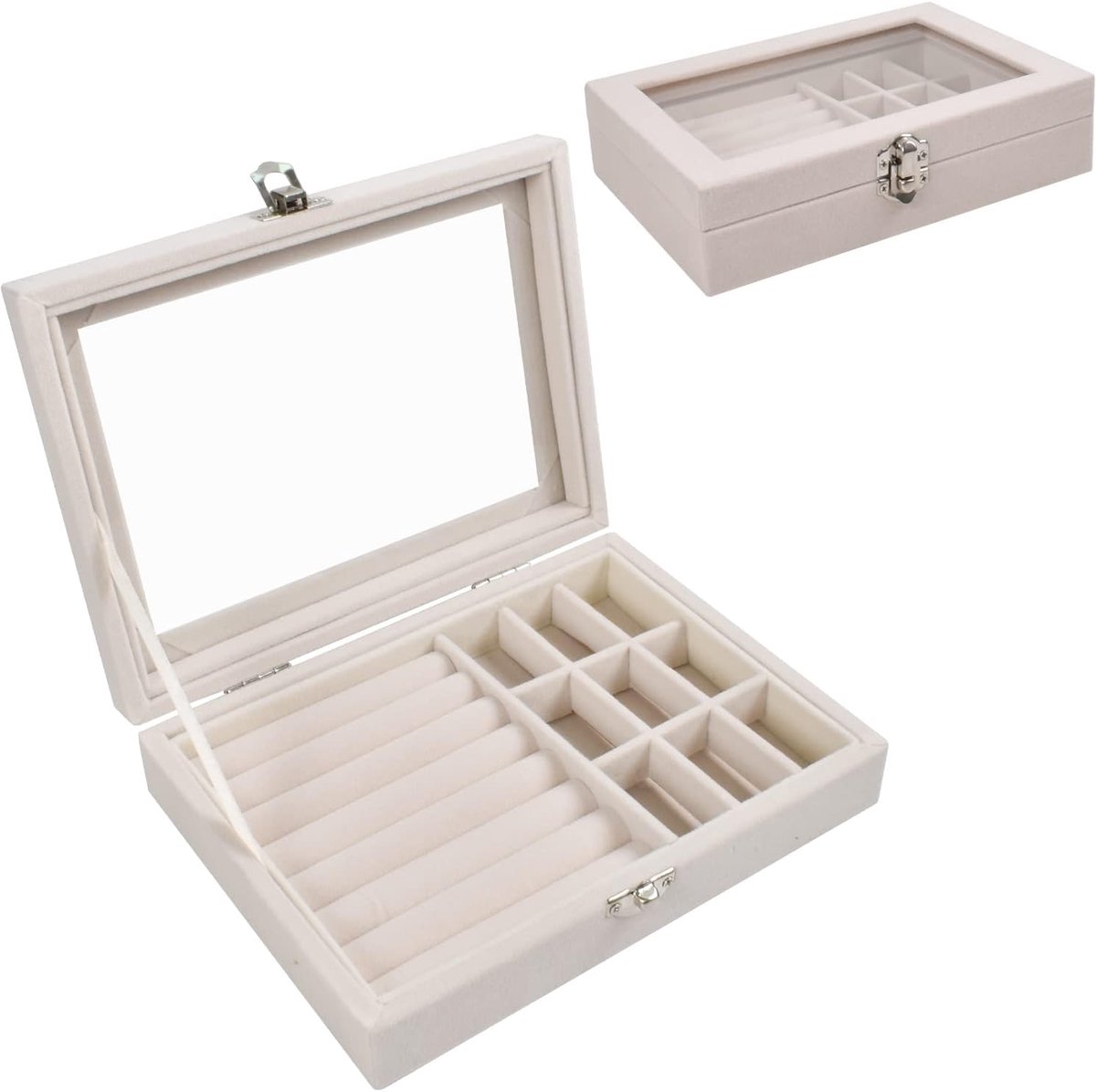SnelShoppen - Sieradenkistje met Glazen Deksel, 9 Vakken, Beige Sieradenkoffer voor Dames, Flocking Opbergdoos voor Halskettingen, Oorbellen en Ringen