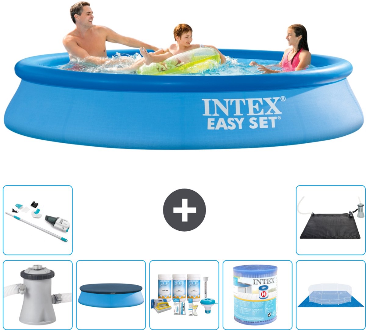 Intex Rond Opblaasbaar Easy Set Zwembad - 305 x 61 cm - Blauw - Inclusief Pomp - Afdekzeil - Onderhoudspakket - Filter - Grondzeil - Stofzuiger - Solar Mat - 8-delig