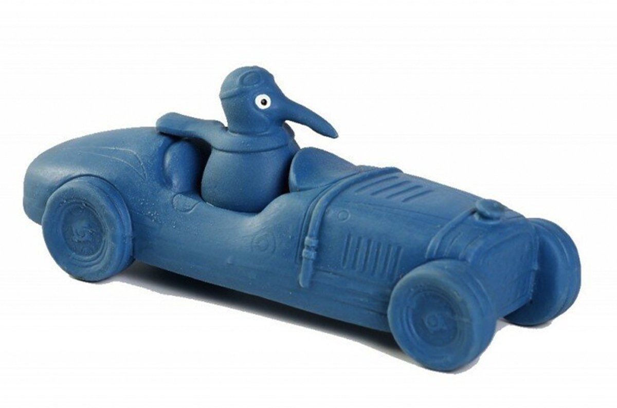 Kiwi walker - racing cigar - dogtoy - hondenspeeltje * degelijke latex met pieper * kiwi in sportcar - zacht voor tanden en gums - actie reactie spel- blauw