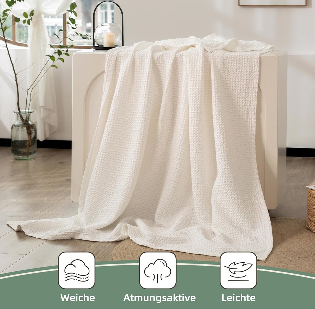 SnelShoppen - 100% Katoenen Dekbed 270x230 cm, Zachte en Ademende Wafel Patroon Dekens, Perfect als Sofa Dekentje, Witte Cuddly Plaid voor Woonkamer e