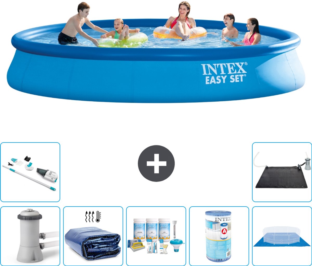 Intex Rond Opblaasbaar Easy Set Zwembad - 457 x 84 cm - Blauw - Inclusief Pomp - Solarzeil - Onderhoudspakket - Filter - Grondzeil - Stofzuiger - Solar Mat - 8-delig