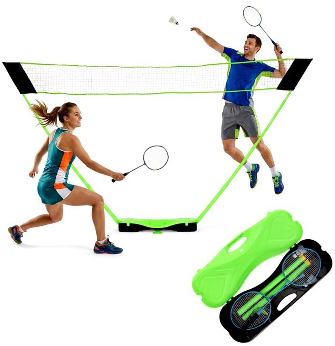 MOZY® - Badminton Set - Inclusief Badmintonrackets en Shuttles - in Koffer - Groen - Opvouwbaar Badmintonnet - Draagbaar Sportnet - Rackets - Badminton - Racketsport - Vakantie