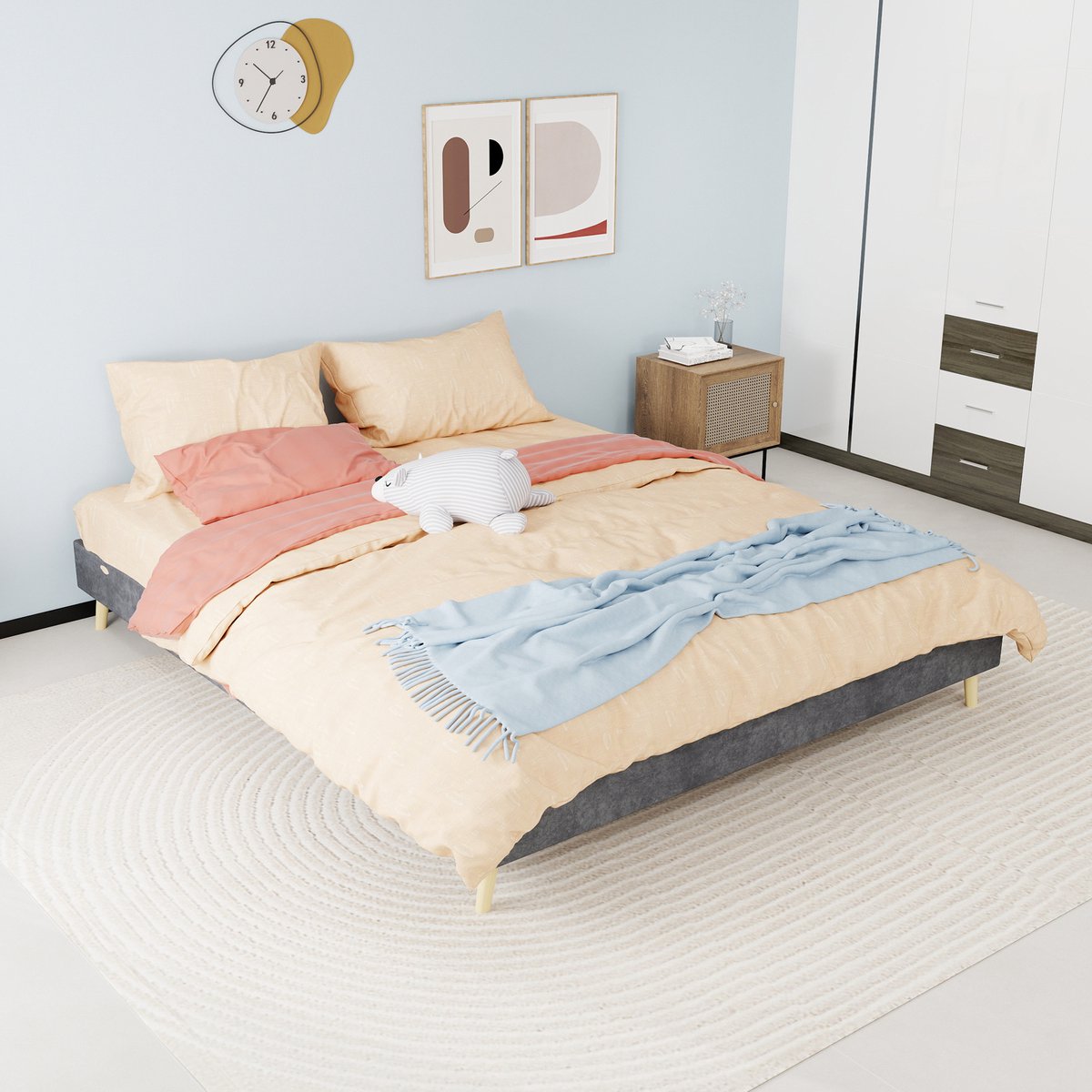 Bed 160x200 cm - Laag Tweepersoonsbed Met Lattenbodem Zonder Hoofdbord - Stabiel En Modern Slaapkamerbed Zonder Matras - Stof - Grijs