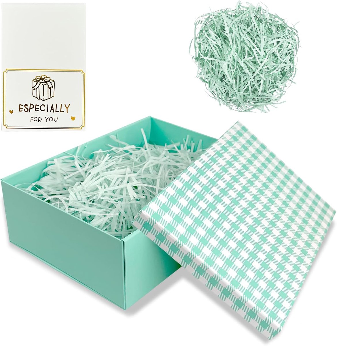 SnelShoppen - Luxe Cadeau Doos met Deksel 25x18x8.5 cm voor Verjaardag, Bruiloft, Valentijnsdag, Groene Witte Geschenken met Strik en Wenskaart