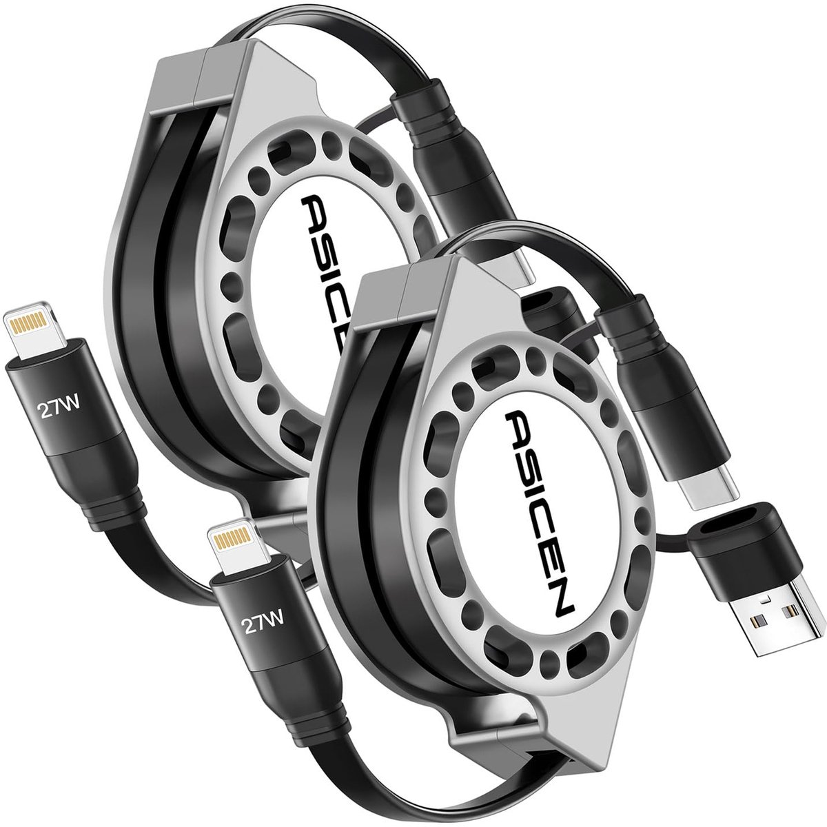 SnelShoppen - 2-in-1 Retractable Lightning Oplaadkabel USB A/Type C 27W 1.2M Snelle Oplaadkabel MFi Gecertificeerd voor iPhone 14/13/12/11, iPad, AirP