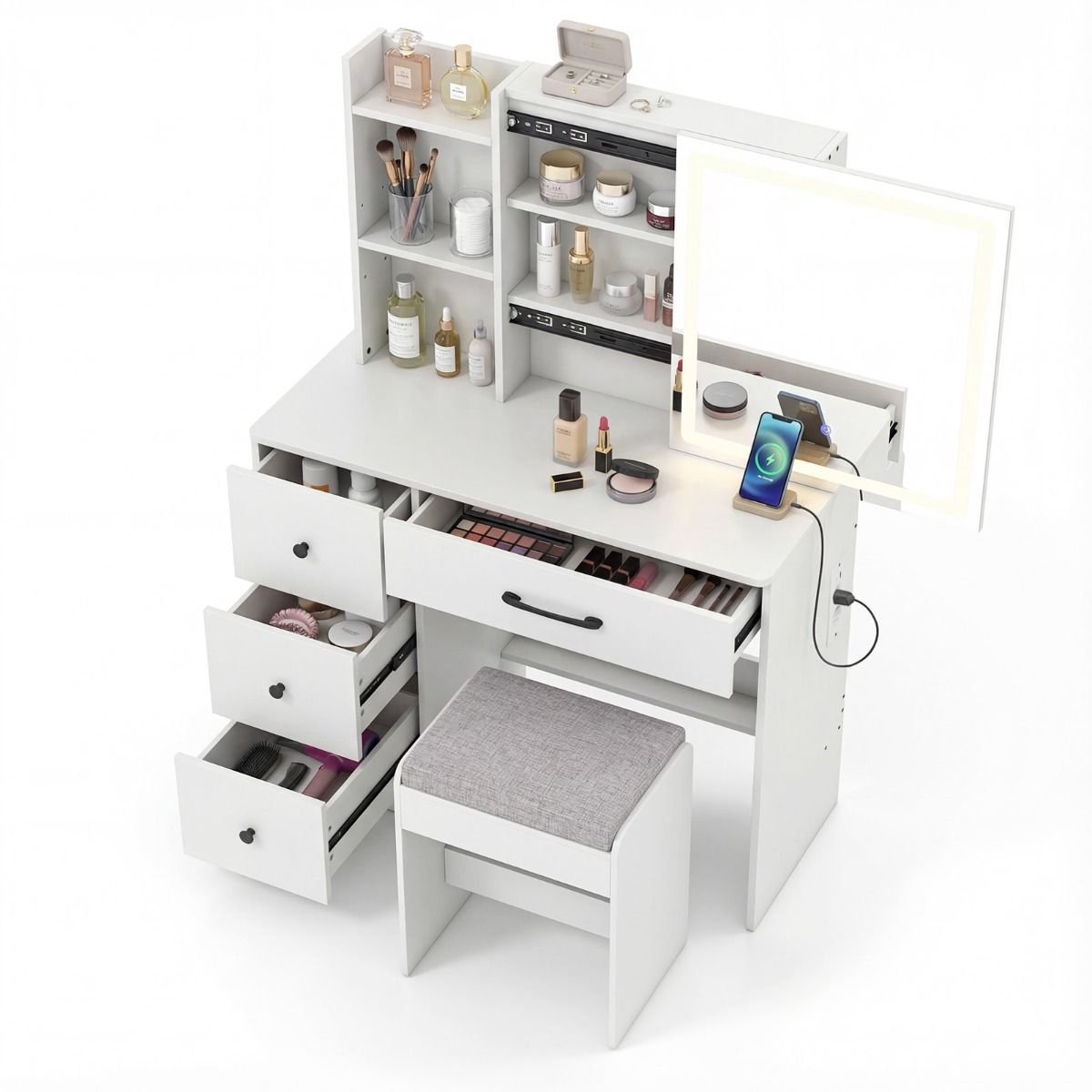 SureDeal® - Kaptafel - Kaptafel - Spiegel - Kruk Badkamermeubel - Stoel Moderne Kaptafel -