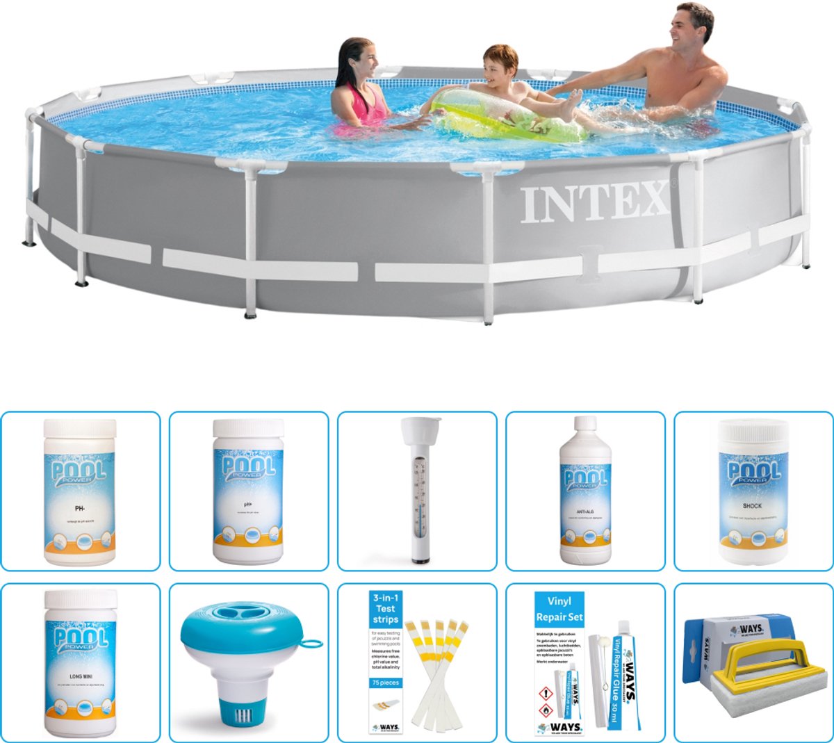 Intex Rond Prism Frame Zwembad - 366 x 76 cm - Grijs - Inclusief Chloor - Chloordrijver - Testrips - Reparatiesetje - Scrubborstel - PH-min - PH-plus - Thermometer - Anti Alg - 11-delig