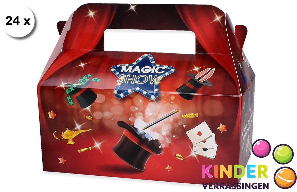 24 stuks menubox smulbox traktatiedoosje Kidsbox - MAGIC - Goochelen - 22 (lengte) x 11.5 (breedte) x 10 cm hoogte tot vouwpunt - uitdeeldoosje - kinderfeestje