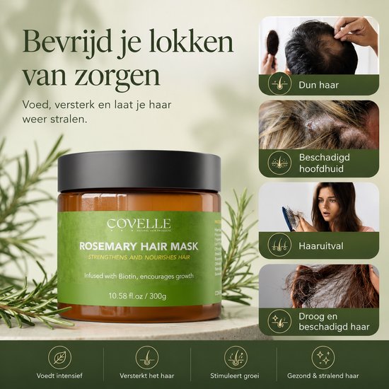 Voor en na foto's van dun haar, beschadigde hoofdhuid, haaruitval en droog haar. Bruine pot Covelle Rozemarijn Haarmasker.