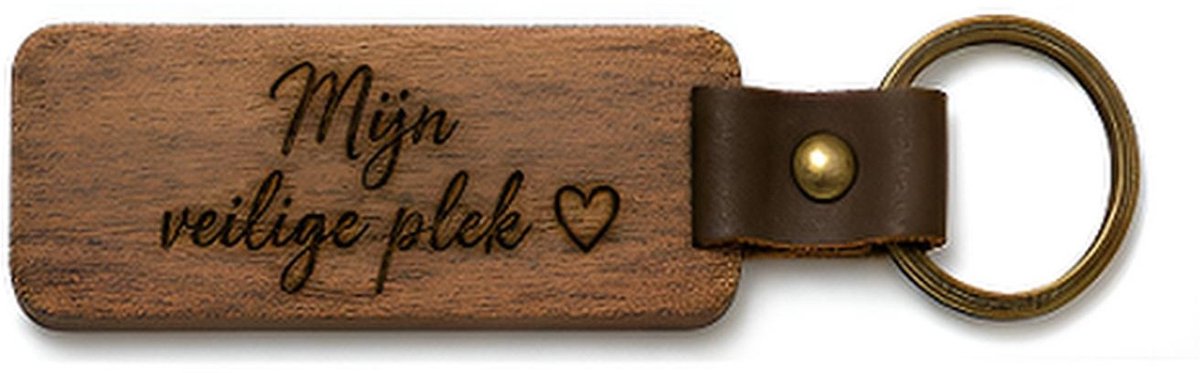 Houten Sleutelhanger "Mijn veilige plek" - Met Gravure - Hout & PU Leer - 10 cm - Liefdes Cadeau / Nieuwe Woning / Samenwonen / Partner