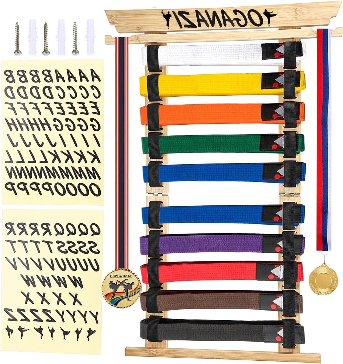 Strap Holder voor 10 Battle Belts van Bamboe, Wandmontage voor Judo en Karate, Perfect als Aangepast Cadeau