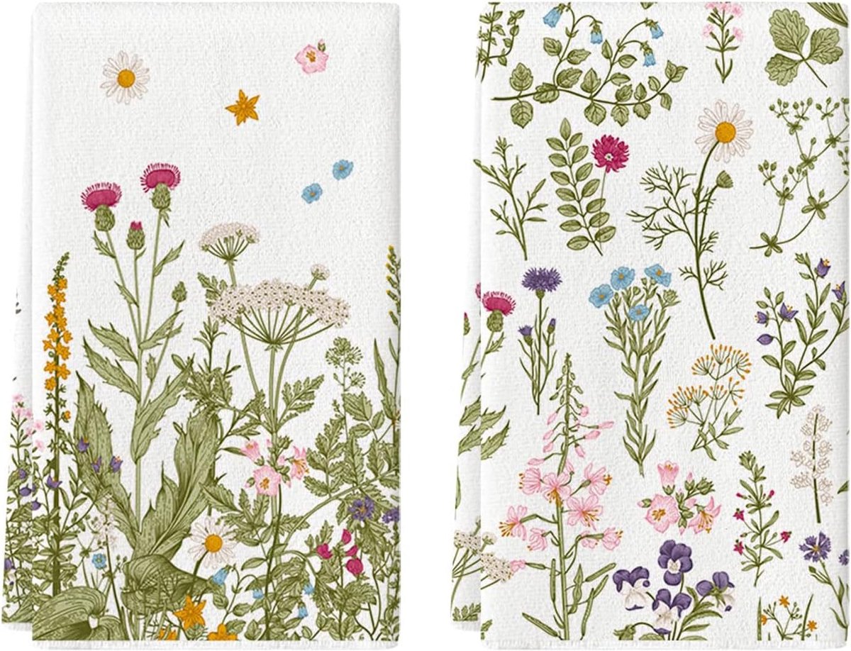 SnelShoppen - 2 Stuks Wild Flower Keukenhanddoeken Set, Katoenen Afwasdoeken, Kleurrijke Microvezel Keukenhanddoeken 40 x 60 cm, Ideaal Voor Droog- en