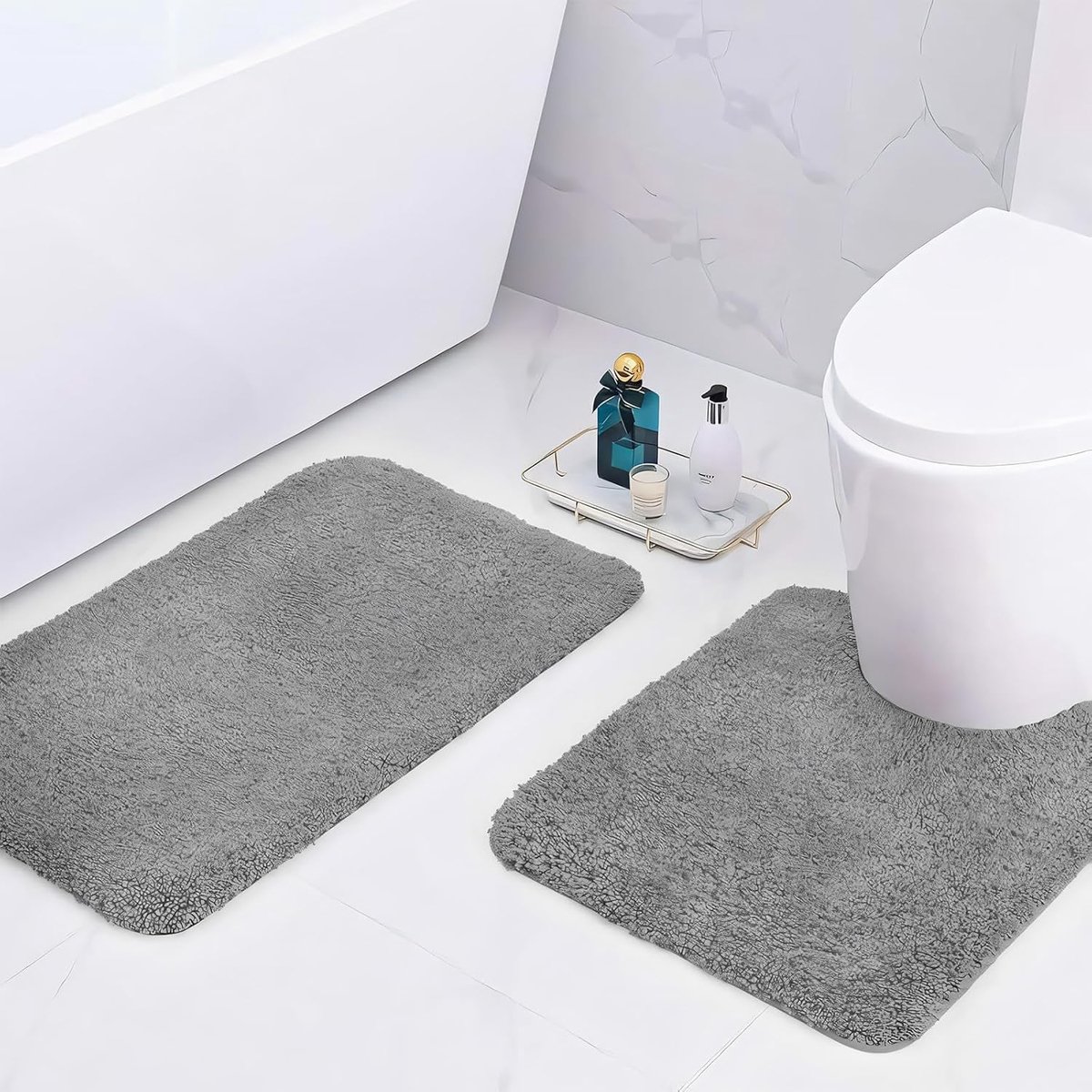 SnelShoppen - Microvezel Badmatten 50x80cm en 50x50cm U Vorm - Super Absorberend en Luxe Grijs - 2cm Dikke Badkamer Tapijten voor Thuisgebruik