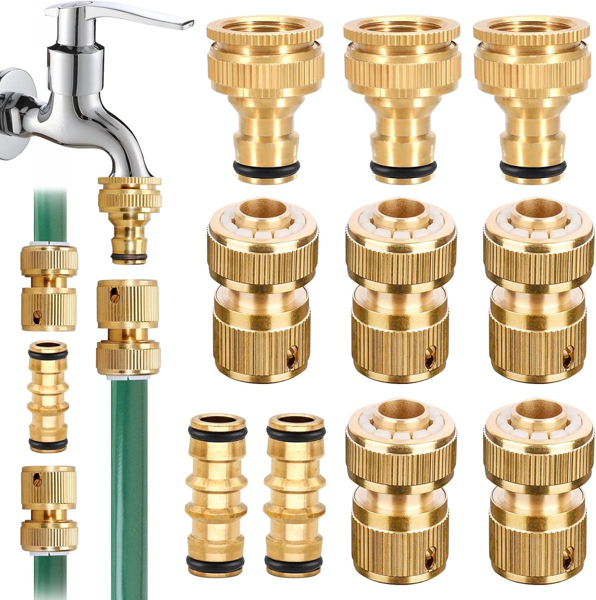 SnelShoppen - Brass Hose Connector Pack van 10 Tuinslang Fittingen, Snelle Koppeling, Koper Tuinslang Aansluiting 1/2 inch, Corrosiebestendig, Ideaal
