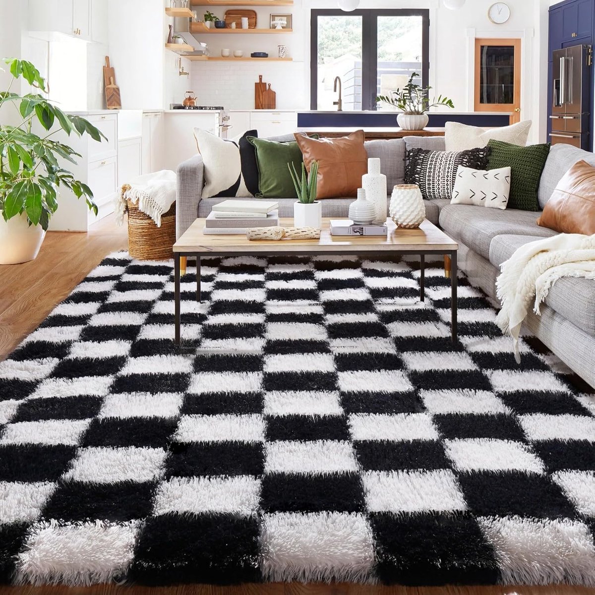 SnelShoppen - Geruit hoogpolig zwart-wit tapijt, wasbaar en antislip, groot en zacht, ideaal voor woonkamer, slaapkamer, kinderkamer, meisjes en jonge