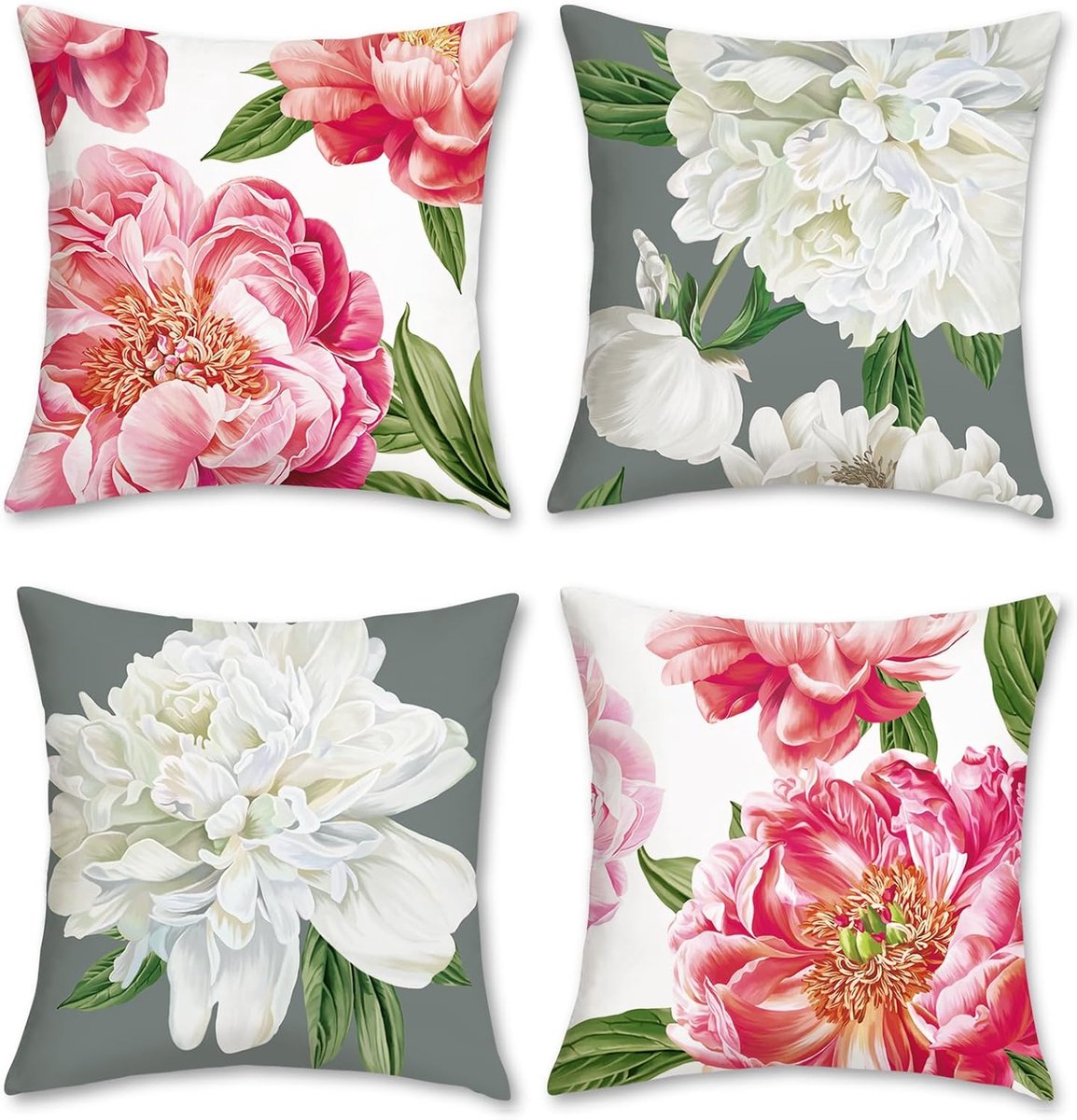 SnelShoppen - Set van 4 Peony Kussenslopen 45 x 45 cm Roze Witte Bloemen Soft Velvet Kussens voor Sofa, Tuin, Buiten, Decoratie