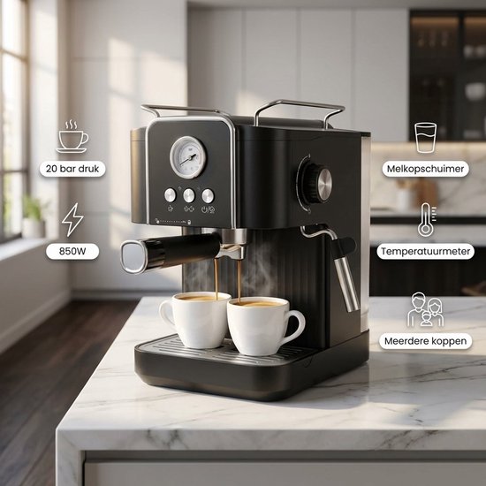Zwarte Golermo espressomachine met melkopschuimer, temperatuurmeter en meerdere koppen.