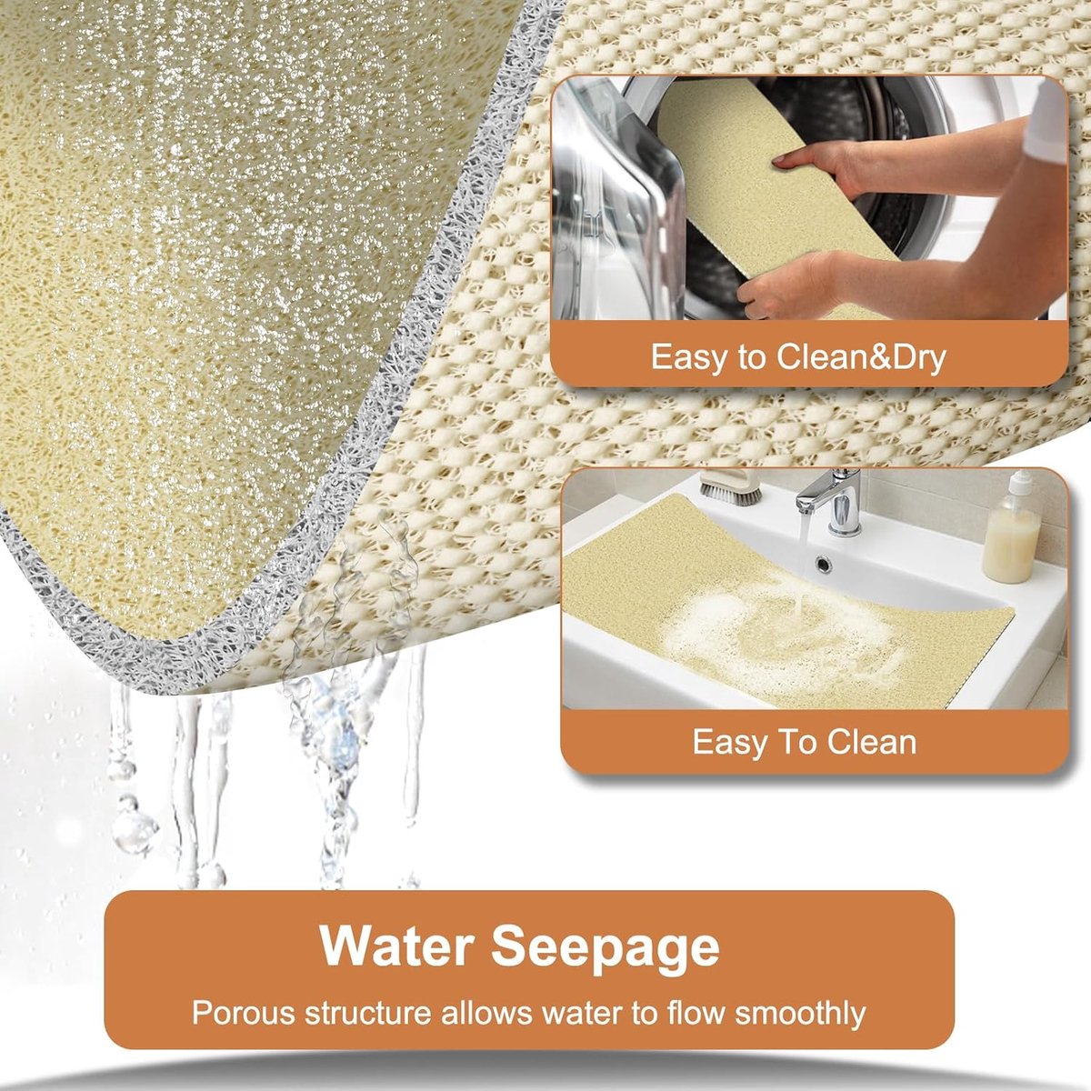 SnelShoppen - Non-slip Loofah Douchemat 60x60cm Beige - Comfortabele en Sneldrogende Badkamer Mat voor Douche en Bad - Veilig voor het Hele Gezin