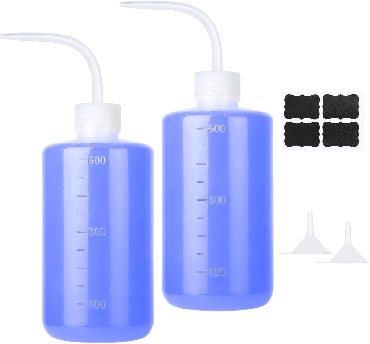 SnelShoppen - 2 x 500 ml Lab-Wasfles met Buigmond, Tattoo-Fles, Leak-proof, Inclusief Trechters en Stickers, Veiligheidswasfles voor Laboratorium, Keu