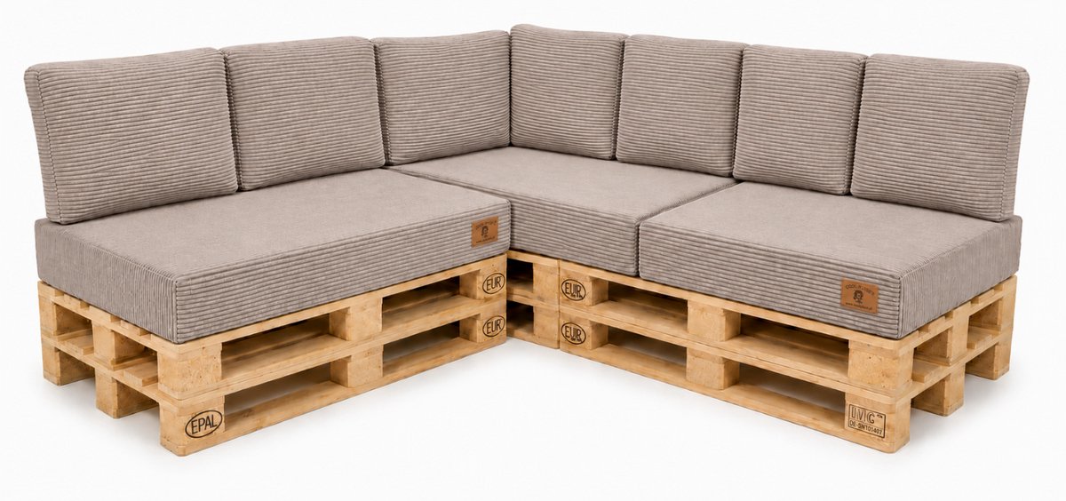 Palletkussens Set 10-delig – Corduroy Ribstof – Beige – Zitkussens 120x80x15 cm en Rugkussens 60x40 cm – Voor Palletbank Binnen en Buiten
