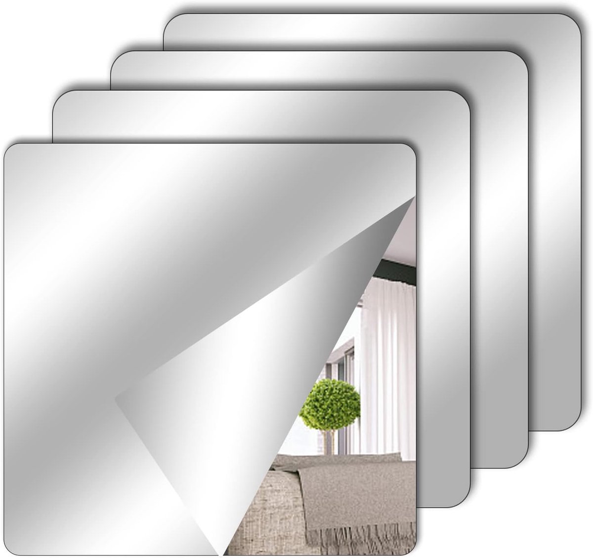 SnelShoppen - Set van 4 Zelfklevende Spiegels Stickers 15 x 15 cm, Acryl Spiegels voor Wanddecoratie, Thuis, School, Woonkamer, Badkamer, Slaapkamer,