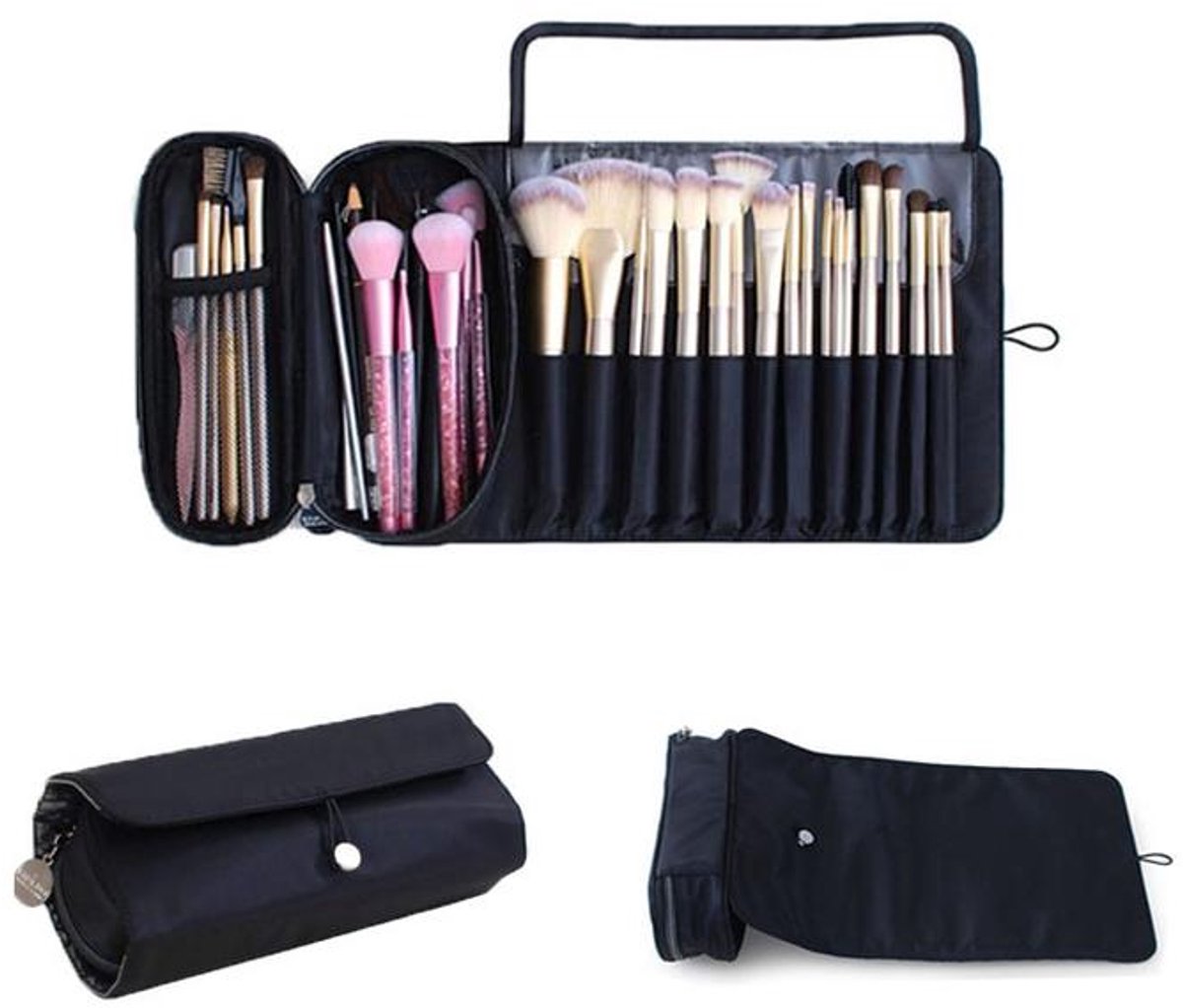 KZQ Make-upkwastenhouder - Opvouwbare make-up organizer tas met vakjes en ritsen - Lichtgewicht, stevig en draagbaar - Geschikt voor reizen, dagelijks gebruik, school, werk en studio - Zwart