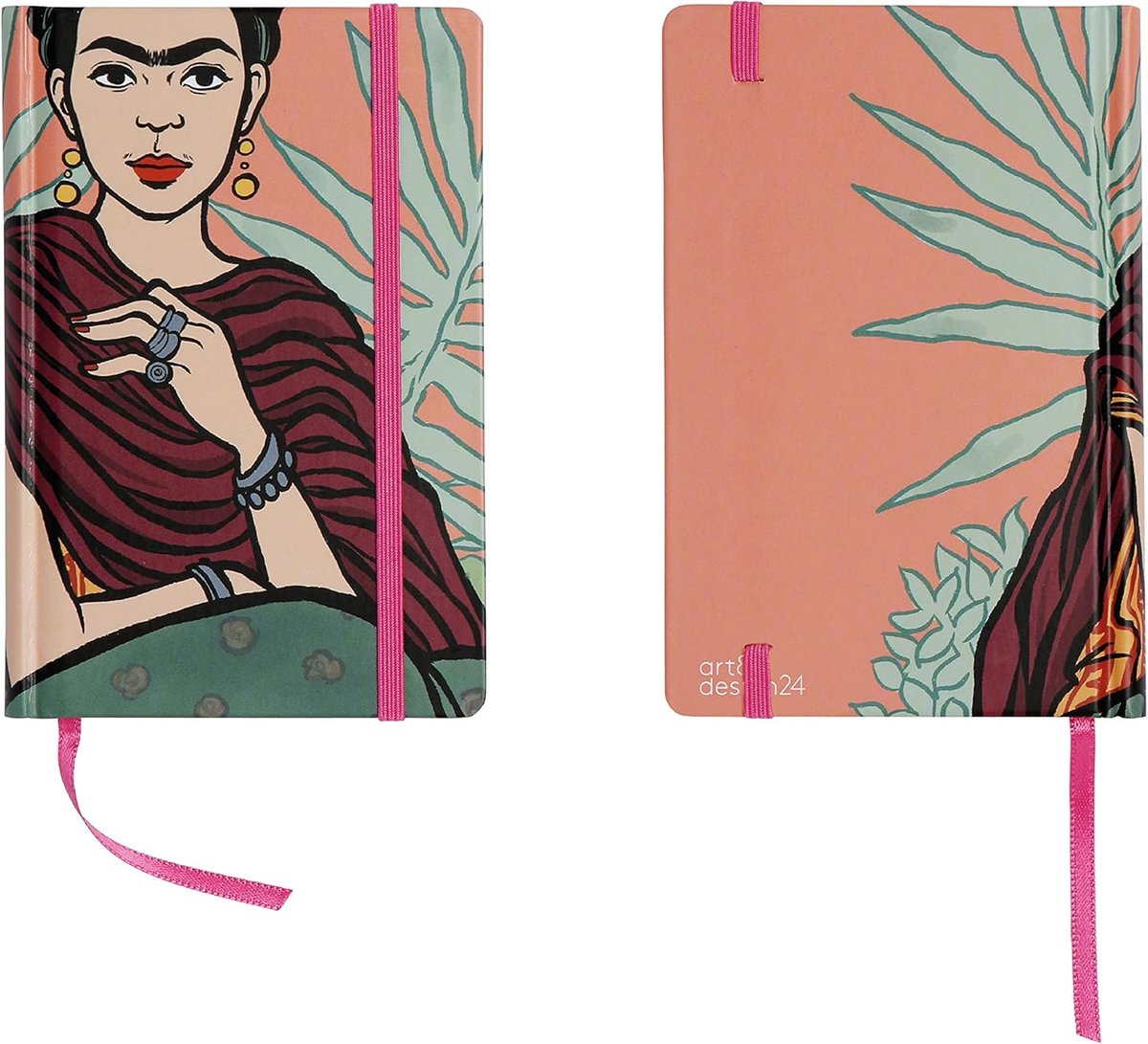 SnelShoppen - Notitieboek Frida Kahlo 9x14 cm, Roze, 240 pagina's, Ecologisch papier, Made in Italy, Met boekenlegger en elastische band