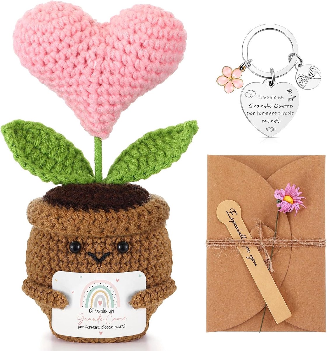 SnelShoppen - Cadeauset voor Vriend, Zus en Docent - Gebreide Potplanten, Roze Sleutelhanger, Gedroogde Bloemen Wenskaarten - Uniek Bedankcadeau voor