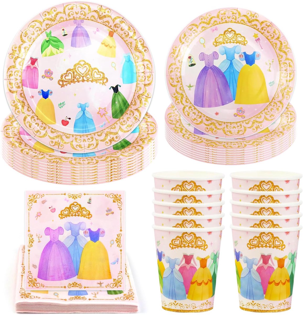 SnelShoppen - Princess Party Tafelset, 50-delig, Feestdecoratie, Kinderverjaardag Tafelgerei met Bordjes, Bekers, Papieren Servetten voor 10 Gasten