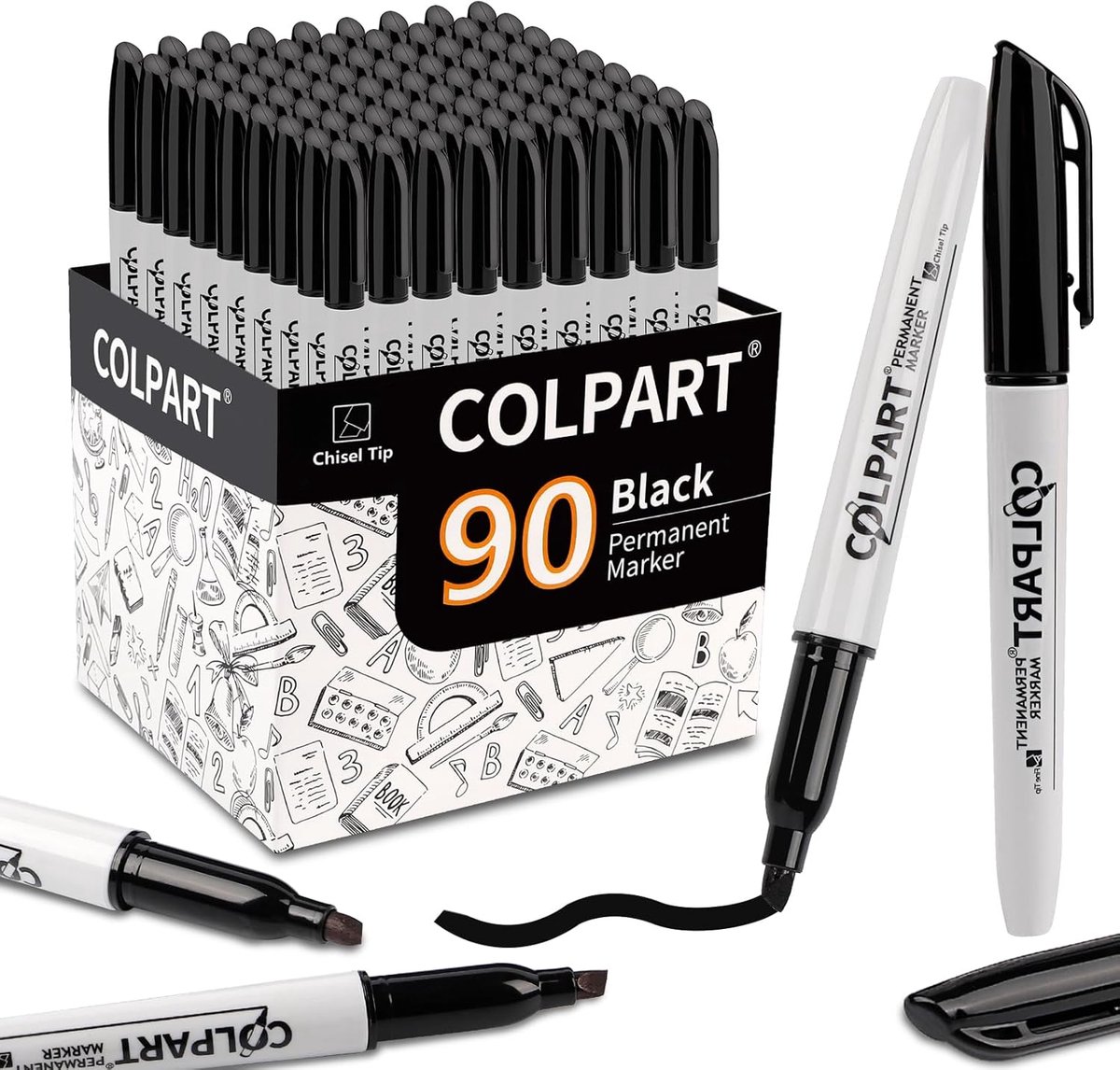 SnelShoppen - 90 Stuks Permanent Marker Pens Set - 5mm Wedge Tip - Waterdicht - Geschikt voor Tekeningen, Metalen, Glas, Hout, Keramiek, Kantoor en Sc