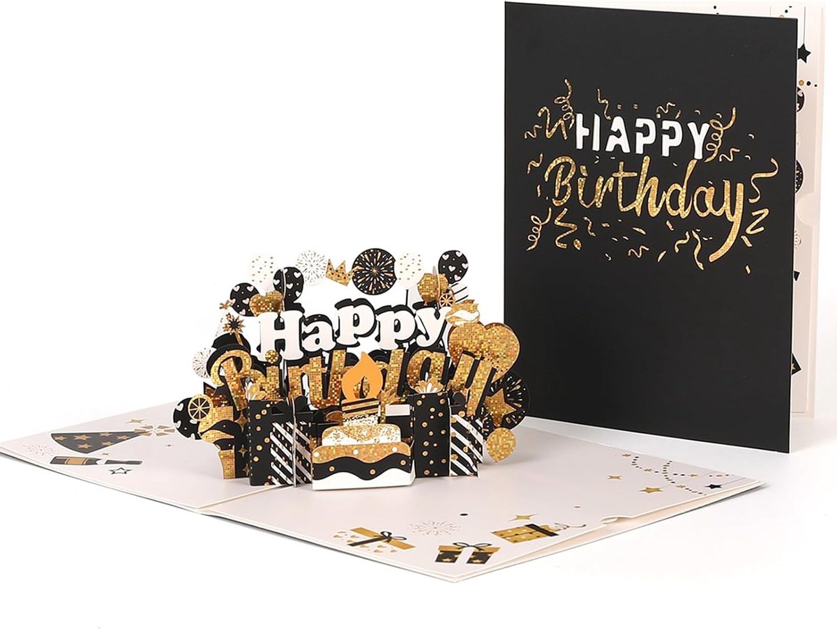 SnelShoppen - 3D Pop Up Verjaardagskaart - Zwart Goud - Verjaardagscadeau - Inclusief Envelop en Lege Kaart - Perfect voor Kinderen, Mannen, Vrouwen e