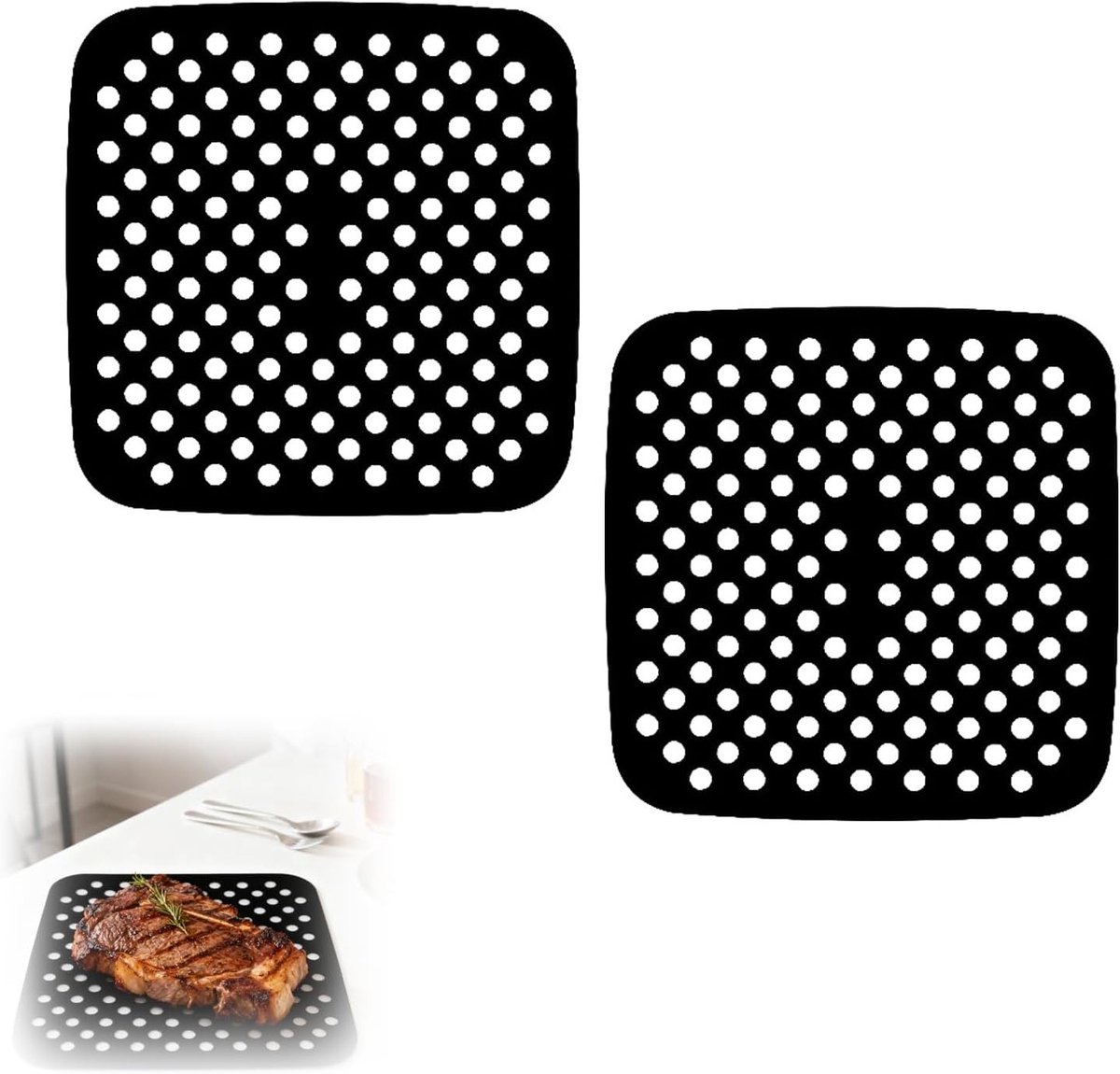 Herbruikbare perforatie silicone bakmatten voor heteluchtfriteuse, oven en stoomkoker - hittebestendig en vaatwasmachinebestendig, 2 stuks