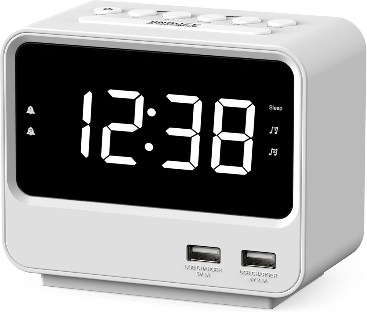 SnelShoppen - Digitale FM Radio Alarm Klok met 2 USB Oplaadpoorten, Grote Cijfers, Verstelbare Helderheid, Bedside Klok met Sluimerfunctie, Wit A23