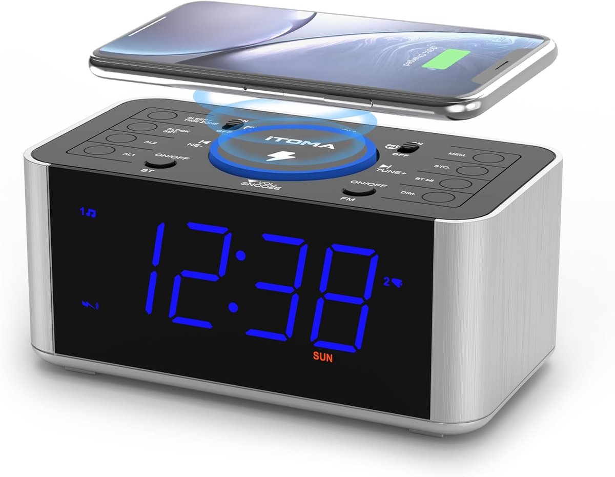 SnelShoppen - Alarm Klok Radio met 5W Draadloos Opladen, Bluetooth, Dual Alarm, Dimmer, 1.4'' LED Display, USB Oplaadfunctie voor Nachttafel