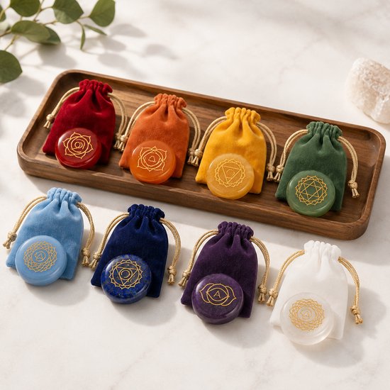Sept pierres de chakra avec des symboles dorés, chacune dans sa propre pochette en velours colorée, disposées sur un plateau en bois.