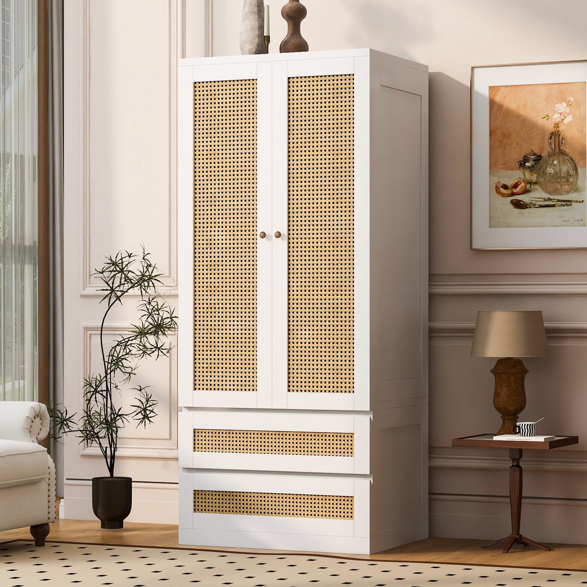 STILVORA Kledingkast - Dubbele Deuren Met 2 Lades En Opbergvak - Voor Slaapkamer Of Kleedruimte - Hout - Wit - 70x55x170 Cm