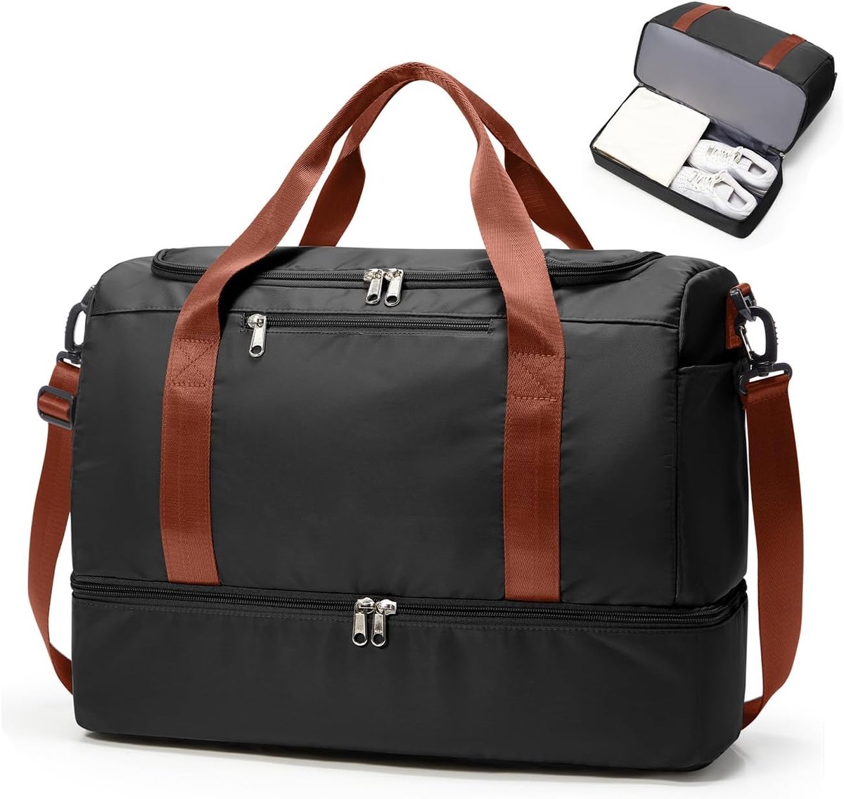 SnelShoppen - Travel Bag Sporttas voor Vrouwen - Handbagage Weekendtas - Waterdichte Duffle Bag - Fitness & Zwemtas 32L - 45x36x20cm - Zwartbruin