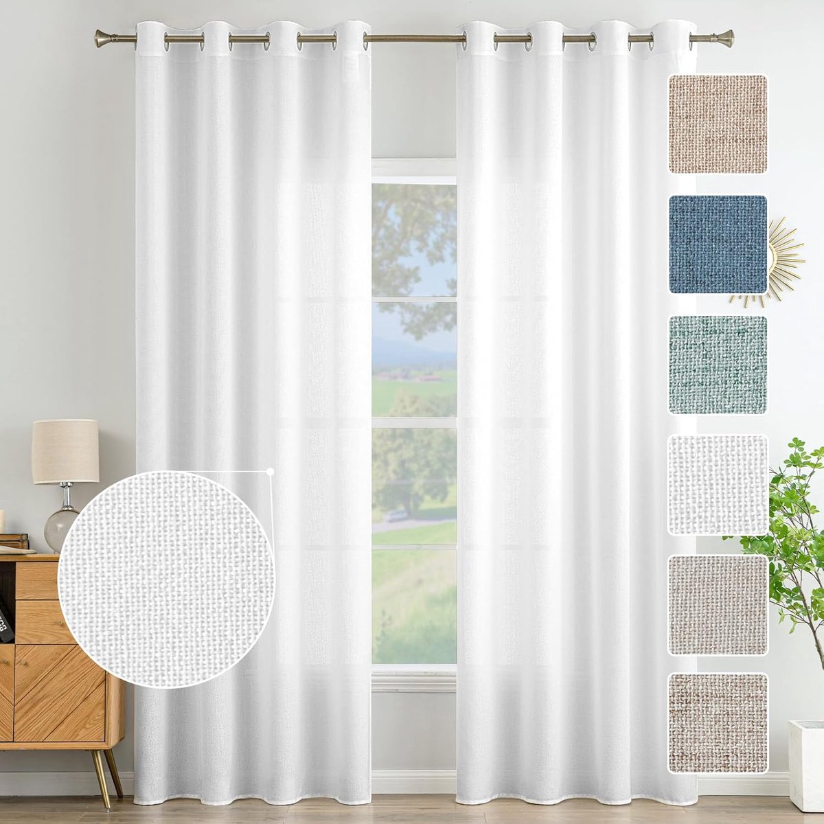 SnelShoppen - Witte Linnen Gordijnen met Oogjes, Set van 2, 225 x 140 cm voor Woonkamer, Slaapkamer, Keuken, Medium Dikte