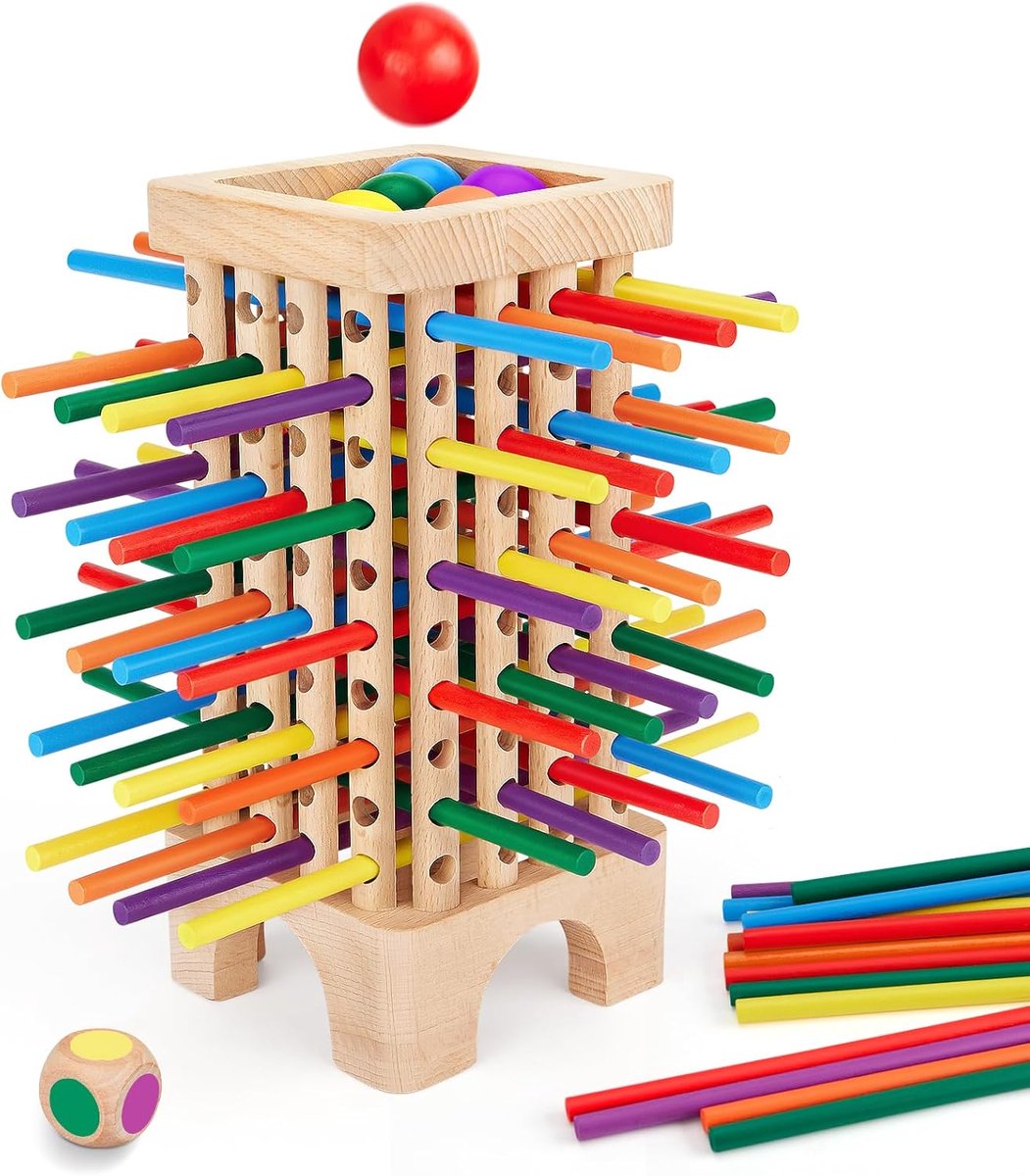 SnelShoppen - Montessori Houten Bordspel - 42 Kleurrijke Houten Etenstokjes, Dobbelstenen, Educatief Spel voor Kinderen van 3-6 Jaar, Fijne Motoriek,
