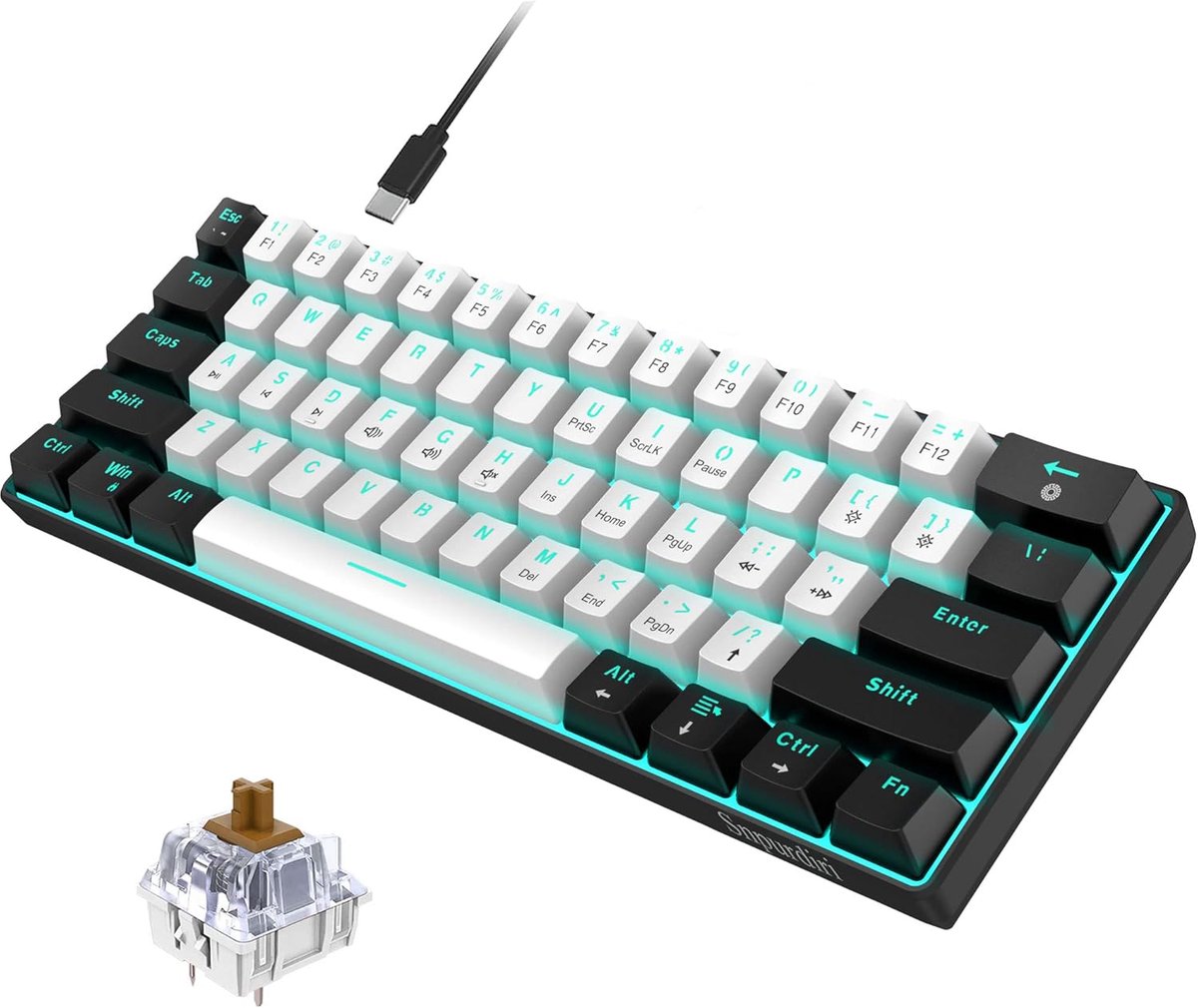 SnelShoppen - Mechanisch Gaming Toetsenbord 60% Compact met 61 Anti-Ghosting Toetsen, Blauwe LED Verlichting, Ultra-Compact en Twee Steunen (Bruine Sw