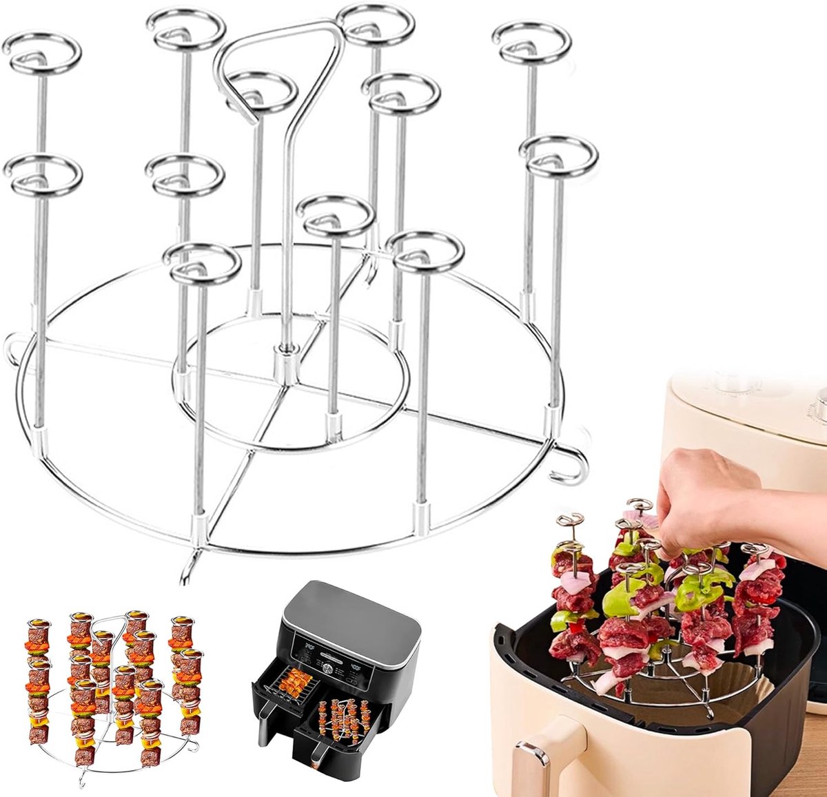 SnelShoppen Air Fryer Grill Grate met 12 Stuks Skewers Ronde RVS Kebab Grill Stand voor Verticale Air Fryer Perfect voor BBQ en Feestjes